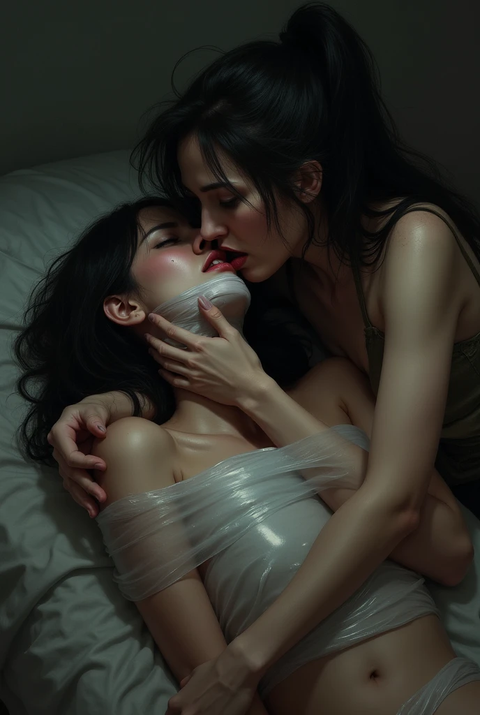 ((best quality)), ((masterpiece)), (detailed),a heartbreak is standing over a girl who is laying on the floor, I opened my mouth and my mouth was full of white gooey stuff., She's spitting that white goo into another girl's mouth., Where does the sticky stuff come from ((penis)), heartbreak,