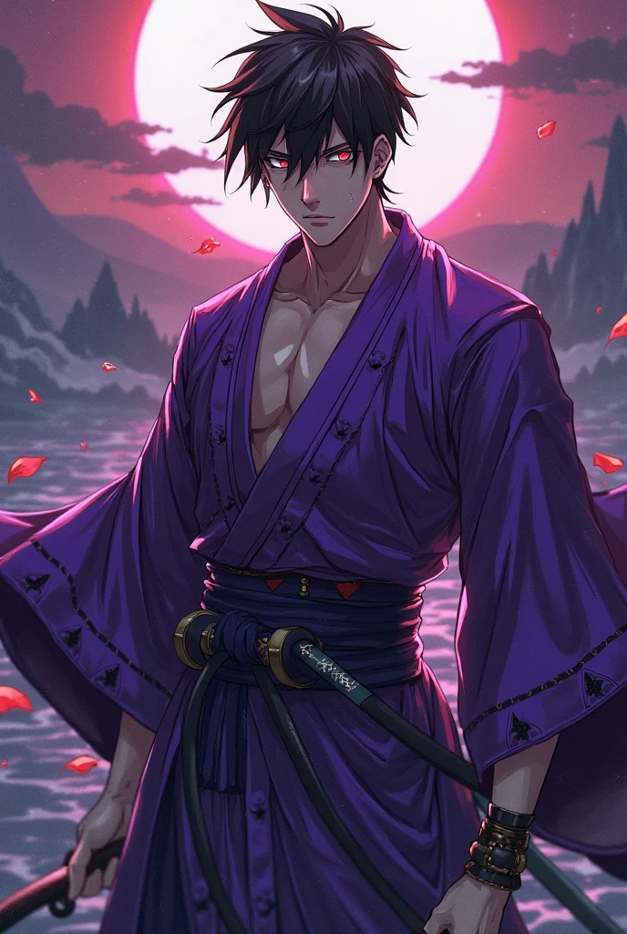 absurdres, highres, ultra detailed, HDR, master piece, Trafalgar Law, black hair, expressive gray eyes, stubble, black coat, toned chest, One Piece, sexy man, handsome, solo, best quality, blossoms, pink petals, pink flowers, fantasy, magical, blue shining fireflies, water, sensual,