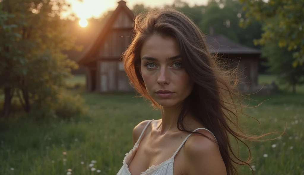 toplesss, Beautiful girl, Beautiful eyes, graceful fingers, natural makeup, in a dress made of plants, Colors, goes through a field of lights hyper-detailed, mystical light light