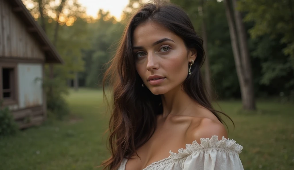 a beautiful detailed portrait of a young woman with long black hair, wearing a white dress, standing in a park, photorealistic, ultra-detailed, hyperrealistic, 8k, highly detailed face, striking eyes, full lips, porcelain skin, cinematic lighting, vivid colors, dramatic shadows, intricate details, delicate features, elegant pose, serene expression, lush greenery in the background, dappled sunlight, atmospheric, moody, captivating