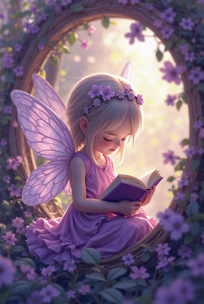 "oil, ((dream-like)) Angel reading an ancient book, Warm Light ((Inside the mysterious hobbit cave)), Magical atmosphere, quirky clock, Fascinating, comfortable, Controlling happiness。White wings growing、Highest quality
