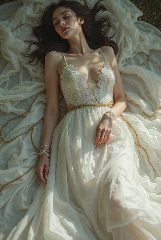 Lie down and sleep, , topless, outside, skirt, Off Shoulder Deep V Bridal Dress, grass background, enlargement