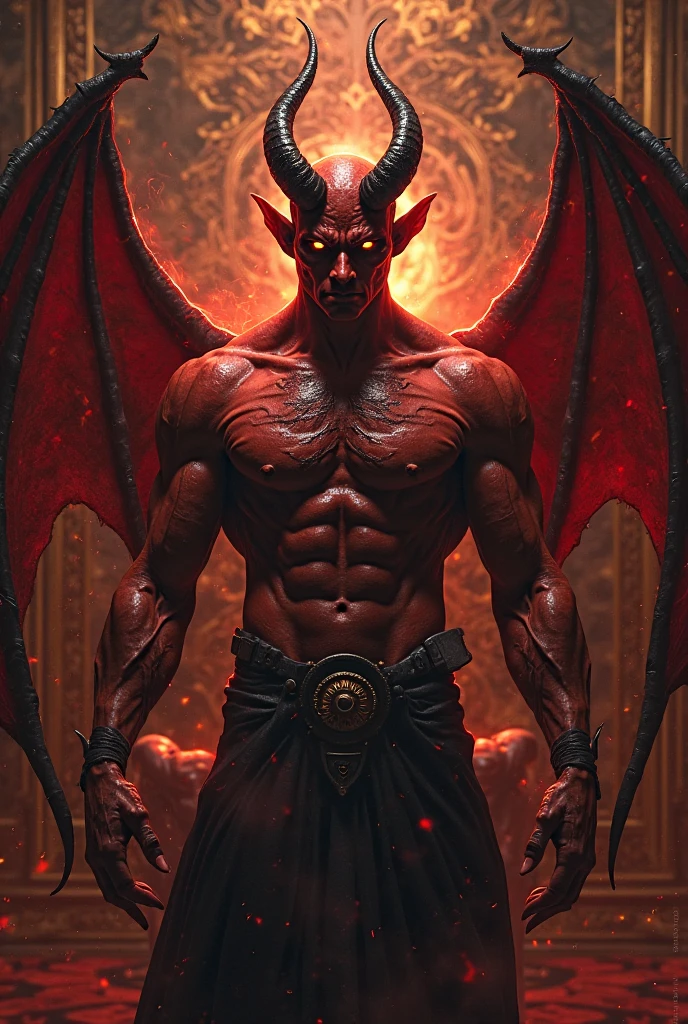 hairy chest, body only, muscular, red skin, dark gray hair, knight kneeling, huge pecs, huge body, big arms, eight-pack abs, black jockstrap, big bulge with balls, chain bind around body, Dong Zhou, bat wings, two black small horns, demon, red pupils, red iris, black sclera, spiral eyes, red skinned, big penis