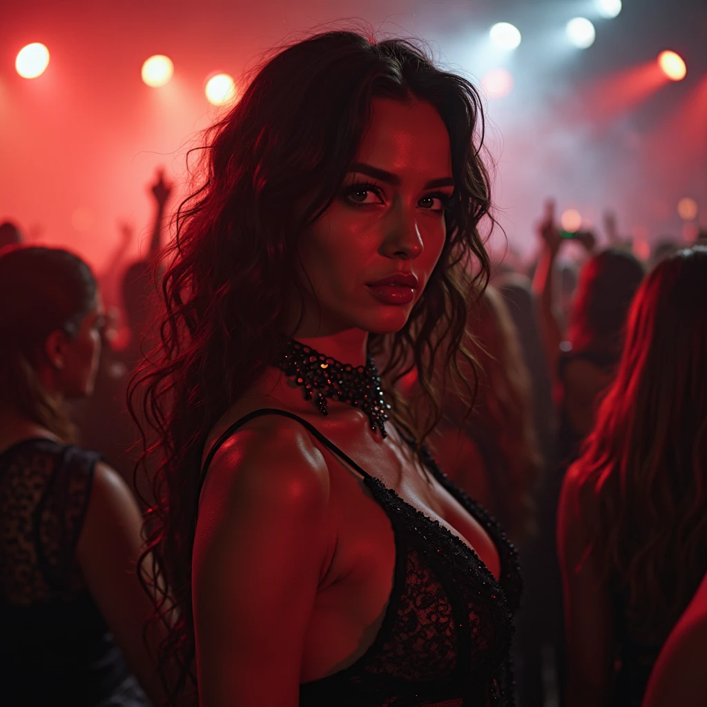 A Brazilian woman in a glittering nightclub, wearing a tight, low-cut dress, with a close-up of the seductive lines of her breasts and the neon lights reflecting off her body, highlighting its charm and the vibe of the night.
