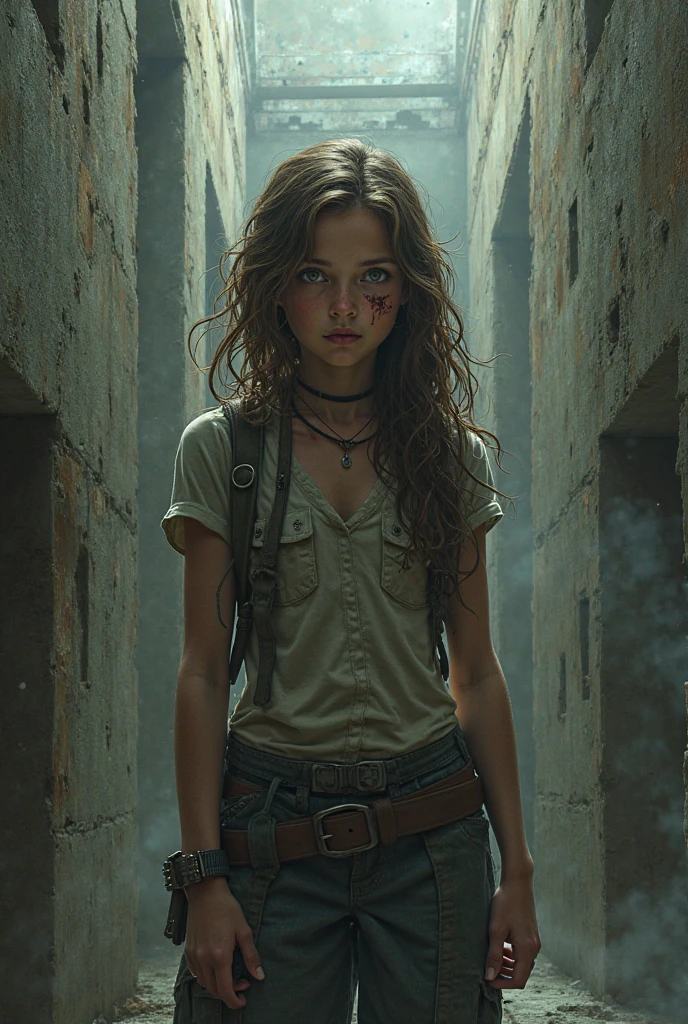17 year old girl. Light brown hair put up in a ponytail. Grey eyes. Ghostly pale skin. Jeans with a knife holster on her thigh. Dirty white shirt. Fingerless gloves and wraps on her arms. Holding a bow.