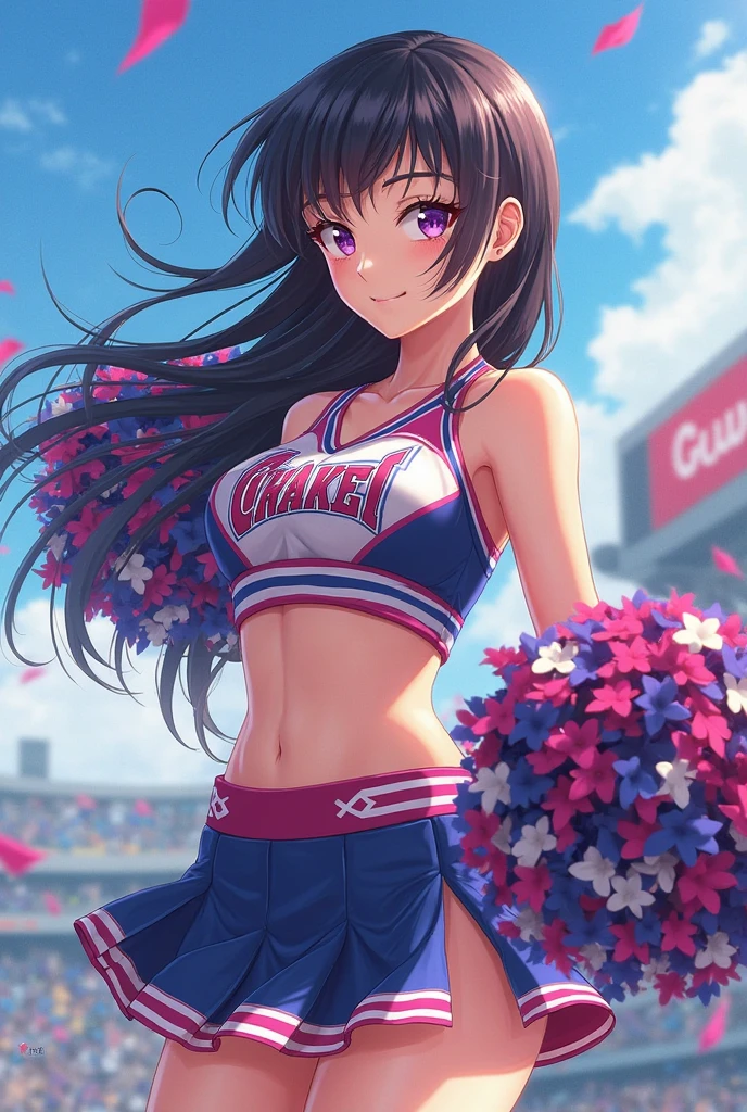 1lady solo, cheering, dancing, (dynamic posing), cheerleader (stylish outfit), mature female, /(light black hair/) bangs, ribbon, blush brightly smile, open mouth, (teeth:0.8), (masterpiece best quality:1.2) delicate illustration ultra-detailed, large breasts BREAK (holding pom-pom) BREAK /(baseball stadium) grass, outdoors, audience