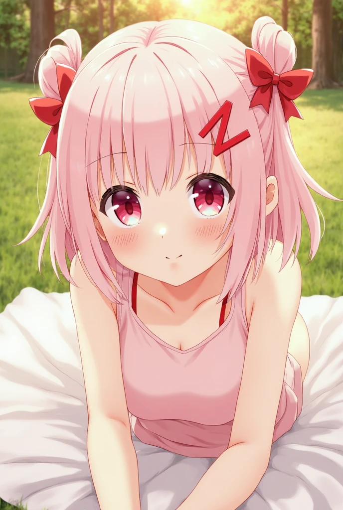 Anime style, Full body portrait, Cute girl, pink hair,  body, barefoot, foot close up, perfect detail, nature Forrest background, natural lighting, 