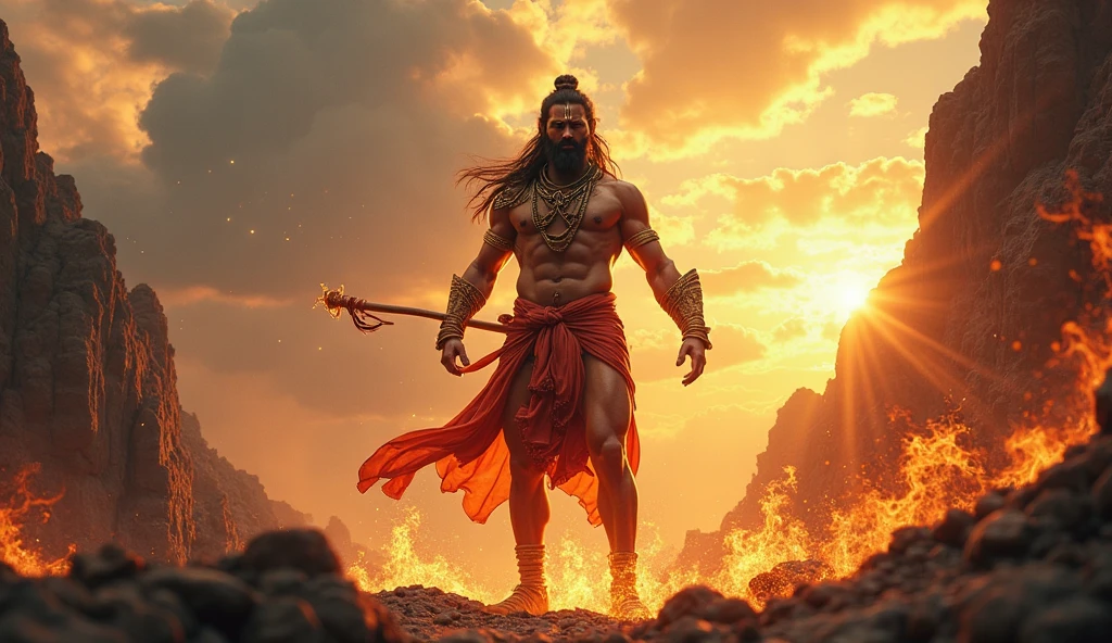 In the background, Hanuman is shown in his larger, more powerful form, setting fire to the buildings of Lanka with his burning tail, creating a dramatic and fiery scene.