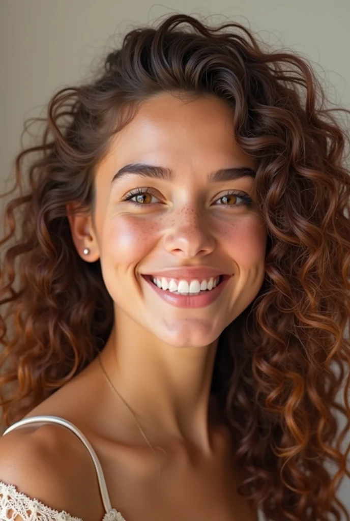 beautiful lady, (freckles), big smile, ruby eyes, long curly hair, dark makeup, hyperdetailed photography, soft light, head and shoulders portrait, cover