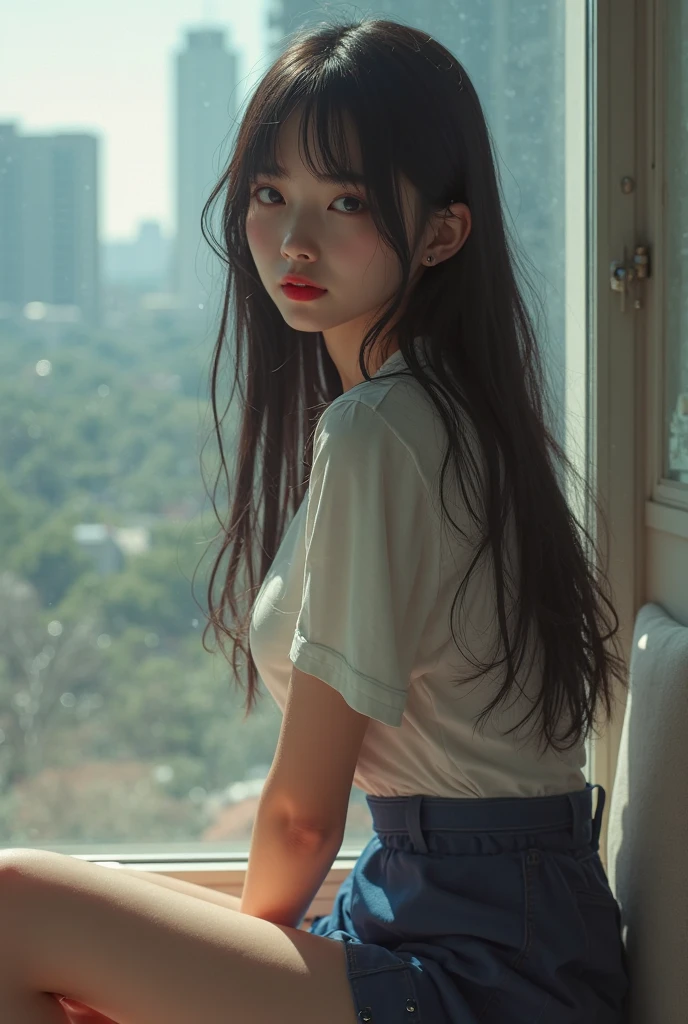 A girl leans against a railing,Hold your chin with your left hand,sideface