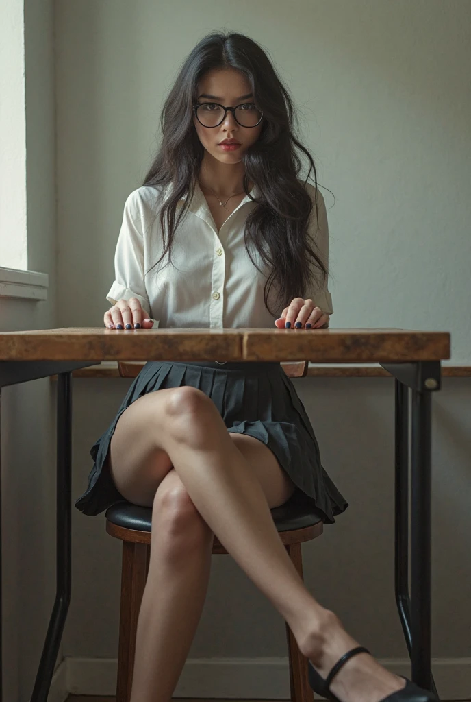 ((Detailed eyes)), mary jane shoes, full body, sit on desktop, white stockings, glasses, cute body, cute face, alice in wonderland, happy, brunette