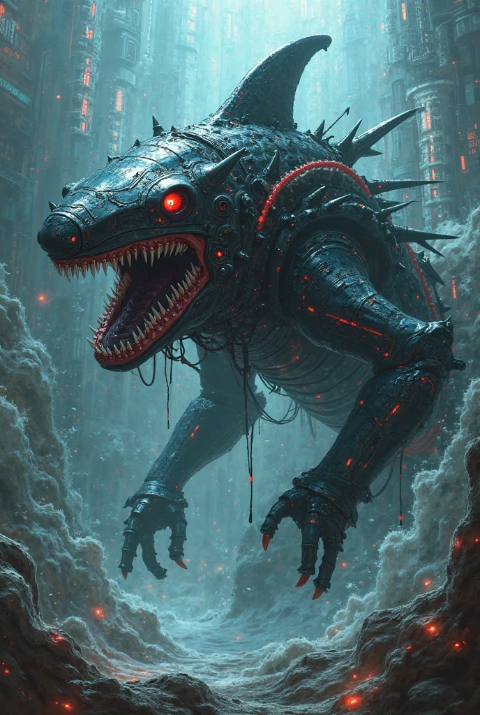 broken chain attached to a huge monster, colors are grey and dark grey, In futuristic art style, best quality, masterpiece