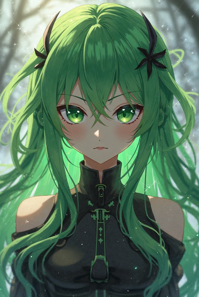 1 girl with emerald hair. stunning. Beautiful. missing her right eye. Blood trailing down her closed right eye. covering her right eye with her hand. Crazy smile. Insane. Twisted. Dark classroom. wearing a black and green school sailor outfit.