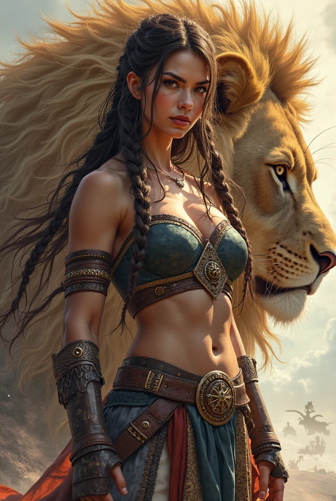 (Best quality, high resolucion, Realstic:1.37), A 16-year-old Stone Age teenager, peau mate claire, long, frizzy hair, entrain de battre avec son sagaie contre un tigre a dent de sabre, Ultra detailed, Ancien humain, , Prehistoric scene, Realistic representation of the Stone Age