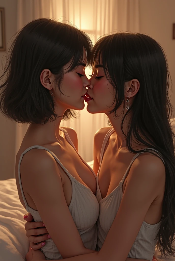Twin korean sister touching each other's bra and kissing each other's lips