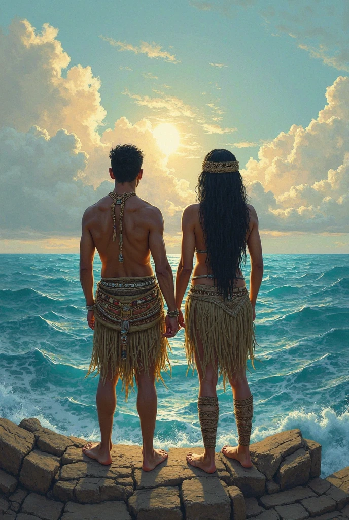 prehistoric man looking at the sea; sunset, hugging your partner