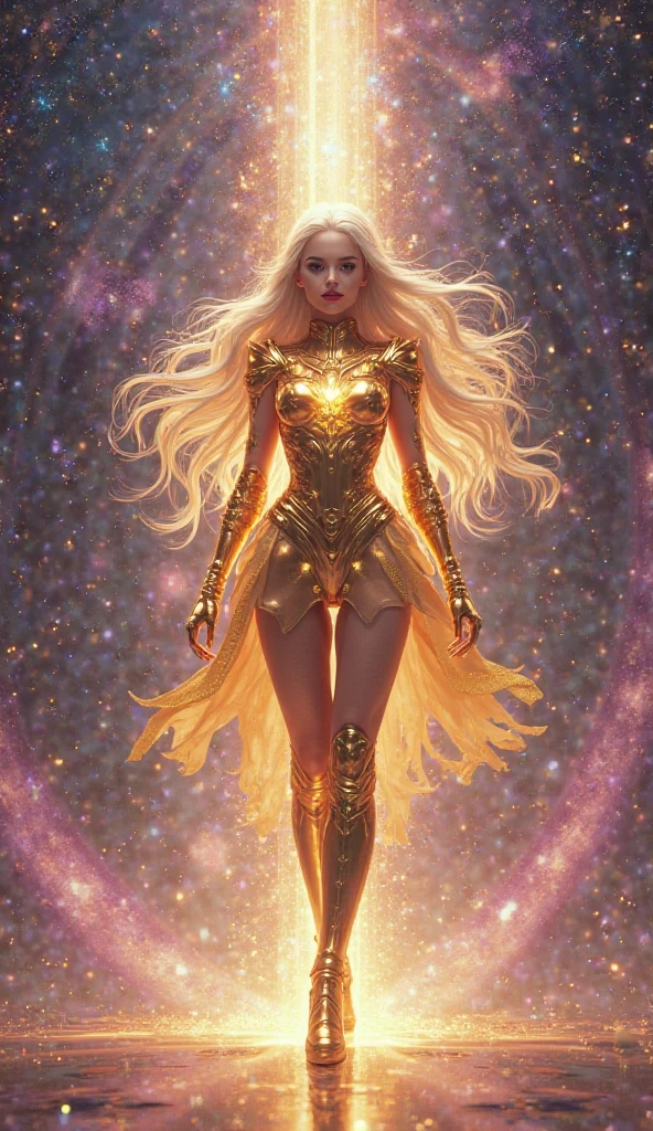 Masterpice, Full body shot, illustration, film light, fantasy, highest quality, super detailed, best quality, masterpiece, (detailed face), tall sexy mature woman, aphrodite goddess, dress made of silk and gold chained together, glowing quicksand, floating embers Crystals, golden hair accessories, metal that reflects sunlight, (body focal length: 1.25), clear blue sky, desert ocean in the background, long curly hair, golden eyes, magic, darkness, light reflection