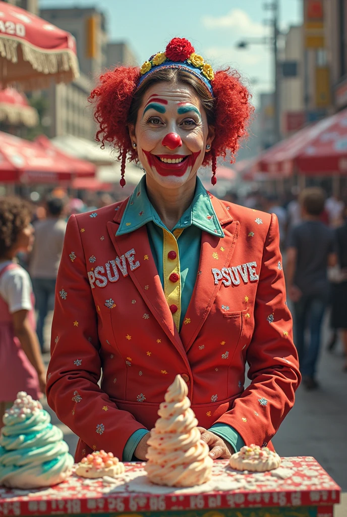 (medium full shot) of (supermodel clown) young woman, red plastic nose, white face paint, frizzy hair, wearing a black oversized colorful blazer,satin shorts,oversized clown shoes, polka-dot suspenders, colorful eyeshadow, set in Dining Area, Inviting setup with a wooden dining table set with colorful placemats and dinnerware, cushioned chairs surrounding the table, a chandelier casting a soft glow overhead, a sideboard displaying decorative dishes and serving trays, fresh flowers in a vase centerpiece, at night, woman surprised, open mouth, running toward the viewer, Masterpiece,best quality, photo, realistic, very aesthetic, detailed face,
