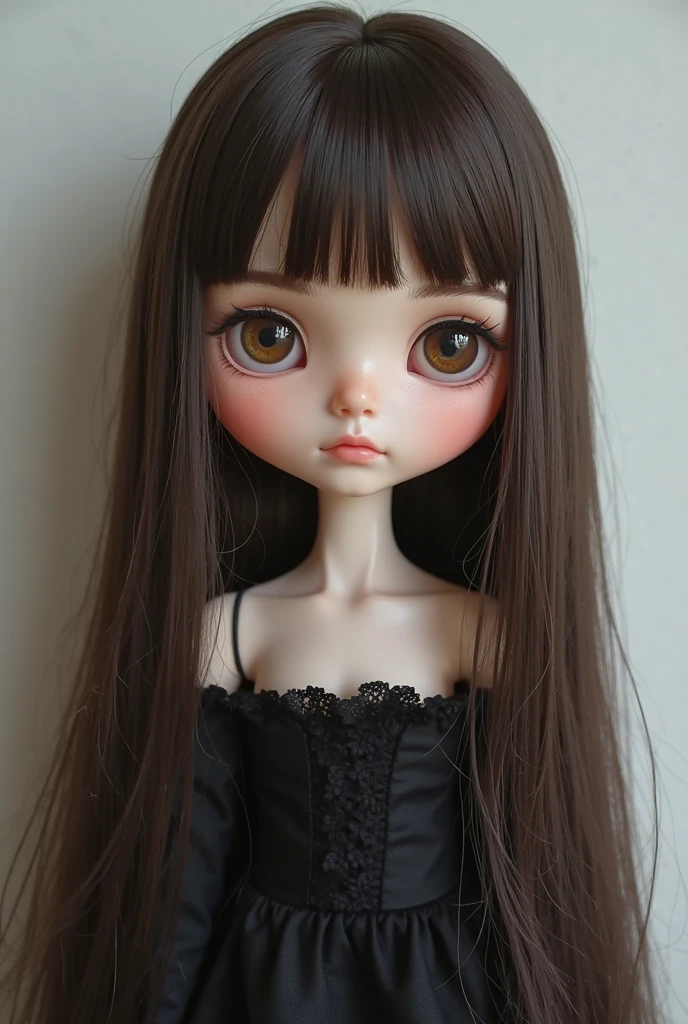 Blythe doll straight hair and black bangs, light skin, lip piercing, dark brown eyes, eye makeup with eyeliner with dark circles