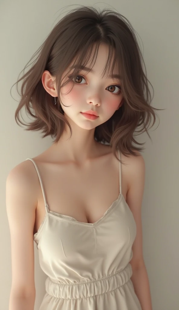 Thin-strap camisole, hot pants, pink thin clothes, slimming look, short curly black hair, detailed eyes, detailed face, detailed skin, sidelong glance, narrow eyes, gentle expression, casual background, mole under eye,