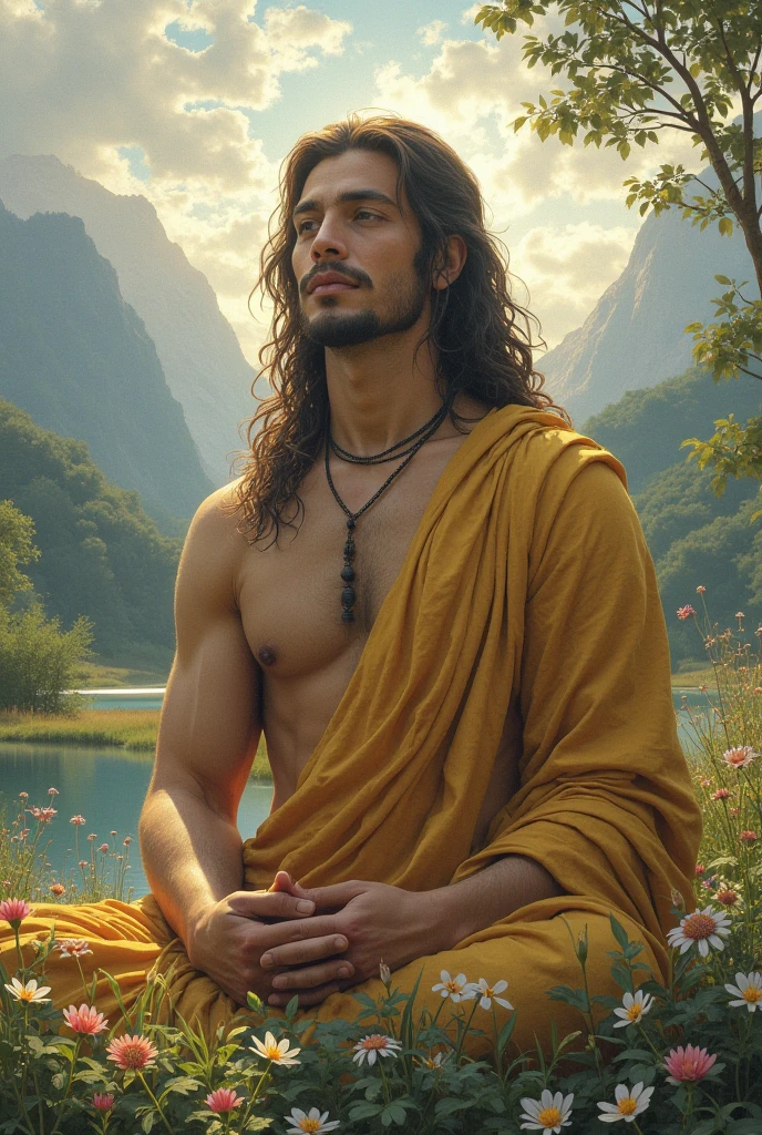 Create a highly detailed image of Lord Shiva, known as Mahadev, in a serene and majestic setting. He should be depicted with a blue complexion, adorned with a third eye, a crescent moon on his forehead, and a snake coiled around his neck. His hair should be styled in a wild, flowing manner with the river Ganga cascading from it. He is seated in a meditative pose on a mountaintop, surrounded by a glowing aura. The background should feature a tranquil Himalayan landscape with misty peaks and a soft, ethereal light illuminating the scene.