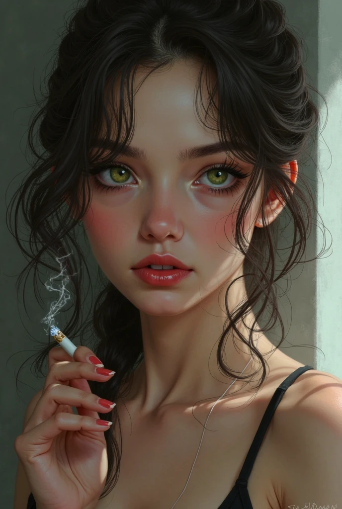 ((best quality)), ((masterpiece)), (detailed), a girl, black hair, smoking