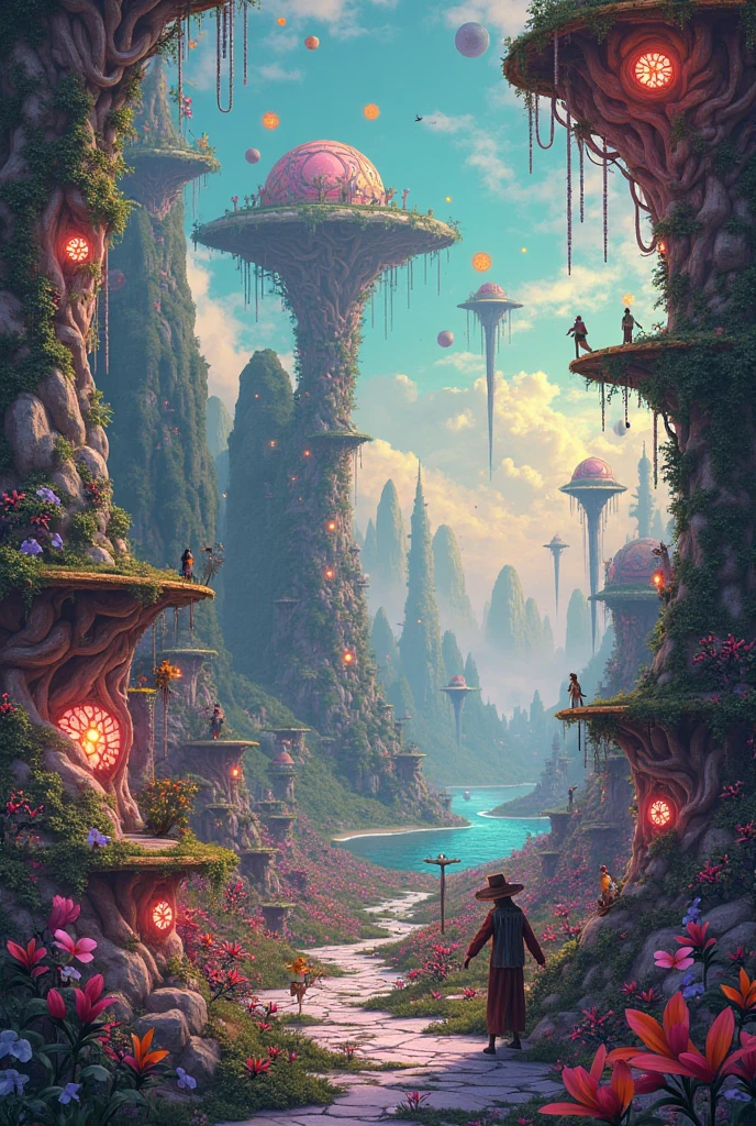 Create an artwork featuring a group of travelers riding giant turtles across a vast, colorful desert. The turtles are adorned with intricate patterns and jewels, and each traveler represents a different element of nature (air, water, fire, earth). The landscape should feature strange rock formations, glowing gems, and plants with unearthly properties. The overall feel of the image should be fantastical and dreamlike, with an sense of otherworldly wonder.