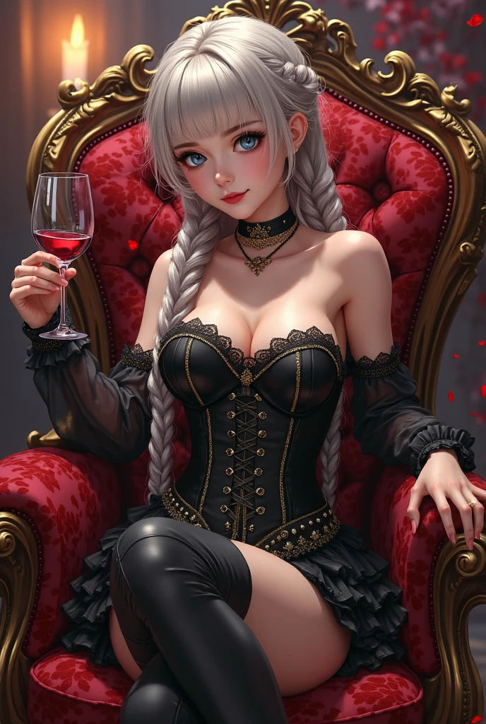 best quality, 32k, RAW photo, incredibly absurdres, extremely detailed, beautiful and cute lady, squat down with your legs wide apart, writhing in ecstasy, her face slightly raised and her lips half-open in an amorous and lewd expression, wearing orange and wine red cute corset ruffle long dress, large breasts, slender, perfect proportion, iridescent silver braided bangs and side hair