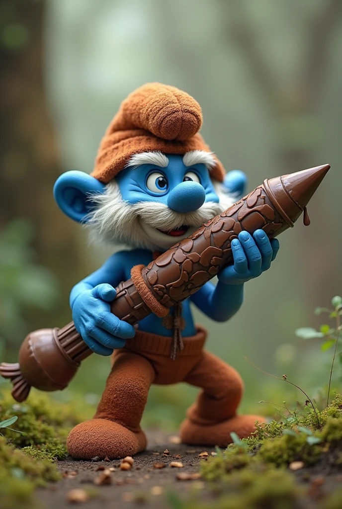 Player from the video game rust as grandpa smurf with a white beard and an ak-47 getting hit on the back of the head by a naked character holding the starting rock with both hands