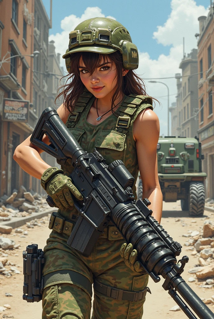 16 year old girl in beautiful Japan of Self-Defense Forces fighting on the battlefield, light muscles, world war, modern war theme, army girl, rifle, (holding a rifle: 1.3), (aiming and holding rifle: 1.3), soldier girl, infantry girl, shootout, air raid, air strike, military, camouflage uniform, burning vehicle, warzone, battlefield, war, ruins, explosion, burning city, smoke, ( helmet), torn tank top, belly button, gloves, torn military pants, face stained with mud and blood, sweaty skin, bloody skin, mud-stained skin, small, cleavage, sad expression of despair, painful expression, highest quality, ultra-high resolution, absurdity, realistic, physically based rendering, cinematic lighting, complex and cinematic appearance, cinematic soft light, soothing tone, battlefield background, urban war background, photorealistic, cowboy shot, dynamic angle