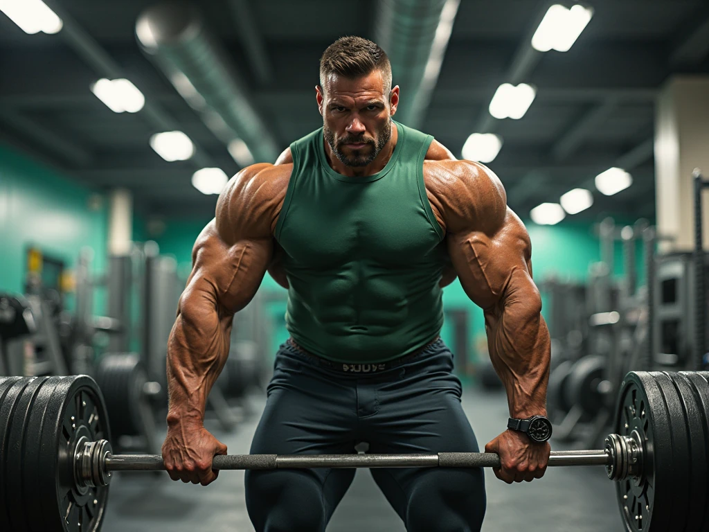 A standing bodybuilder showing his huge quads after legs workout in a gym ambient