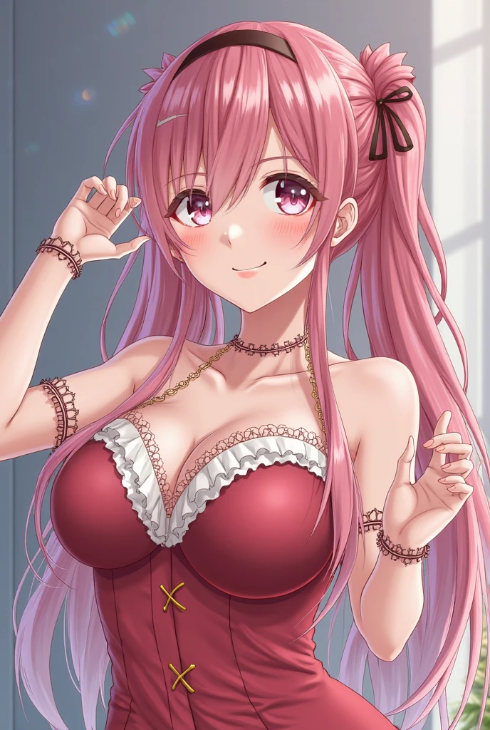 Nakano Itsuki、Shoulder-length pink hair、butterfly hair ornament、huge tit、(bra very、pantiy)、(red blush:1)、is standing、耳Nipple Ring、a smile、(A sexy)