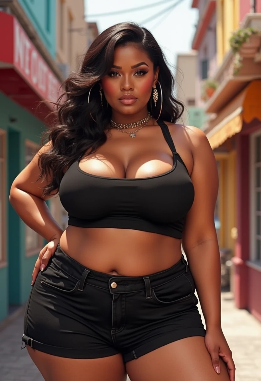 realistic photo, A young black woman with long dark hair, with big ass and big tits, Sexy curves, wearing a black crop top and short denim shorts , Walking through a rainy street with Manhattan in the background