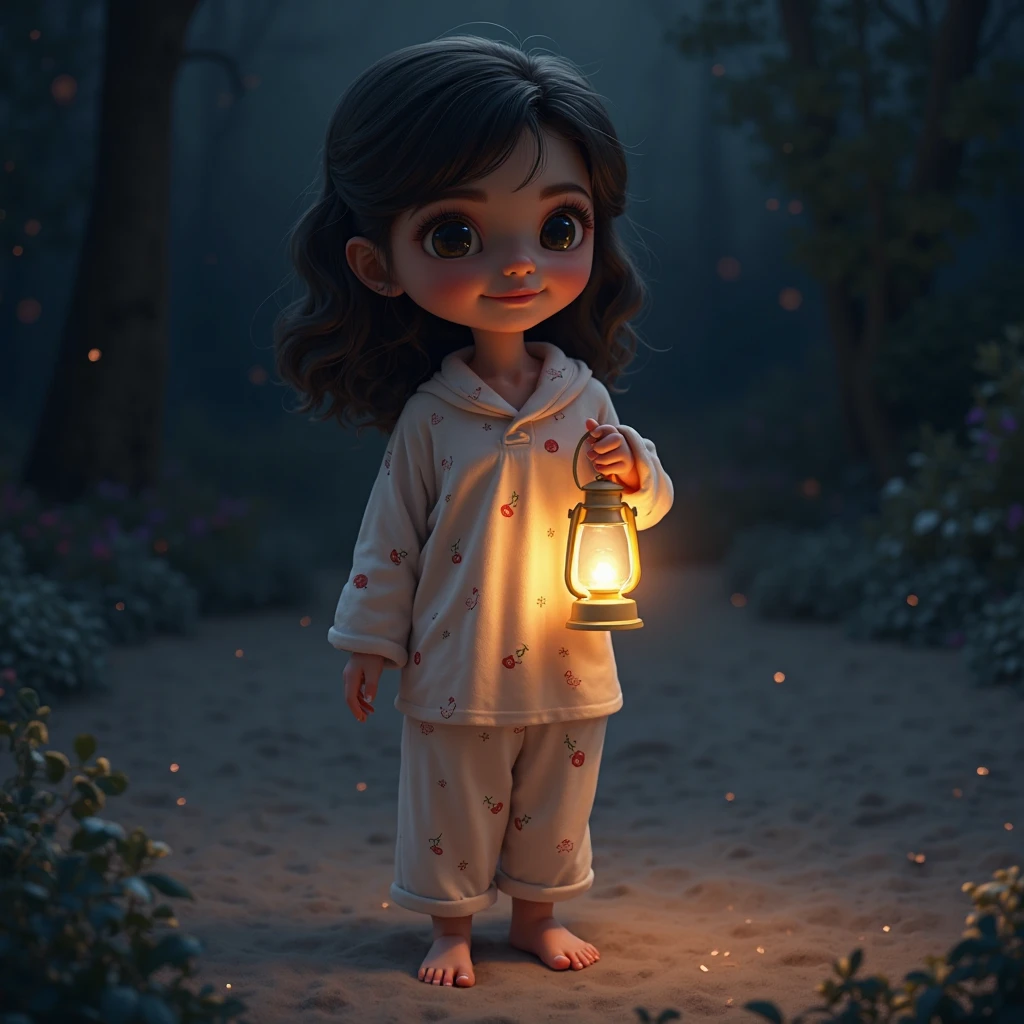 A child walking down the stairs of her house at night in her starry pajamas with brown hair and average height with her lantern in her right hand