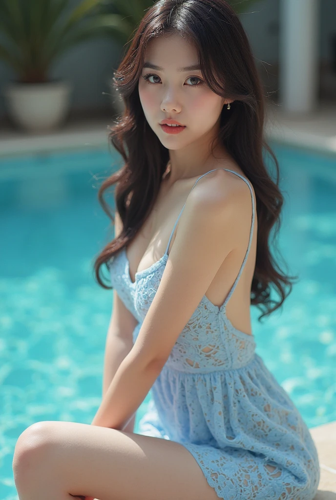女の子1人、a 20 yo woman、Sexy swimming costume、a picture、realisticlying、top-quality、adopt、A detailed face、Hotel Pool、Building from the window、细致背景、Diffused sunlight、depth of fields、Bokeh、huge tit、length hair、A dark-haired、