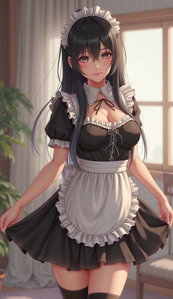 1woman(solo, full body view, frontal view, standing, hands folded in lap, facing camera), 30years old, sexy, beautiful, latina, dark tanned skin, dark brown hair, long hair, straight hair, shiny hair, green eyes, big eyes, shy, slim build, very long legs, medium firm breasts, perfectly groomed, maid uniform(very short skirt, big cleavage, no panties), maid headdress, black heels, eye contact, minimalistic room(white walls, wooden floor, minimalistic furniture, lots of flowers), best resolution, best quality, high quality, anime, ecchi, hentai
