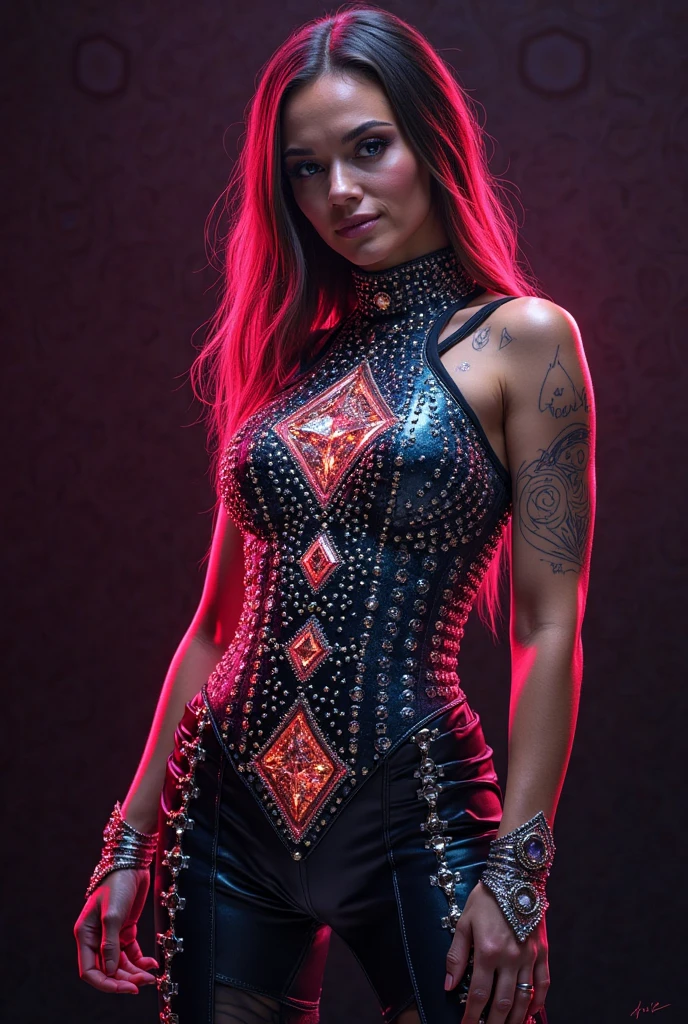 4k realistic ultra detailed photography of an athletic demonic woman, demonic woman wearing a maxi leather dress, hairstyle is a crazy braided hairstyle, demonic woman in a menacing moving standing model pose, photo background is a wall of smoke with black roses coming out of it, mood of the photography is gloomy, big lots of fiery tattoos
