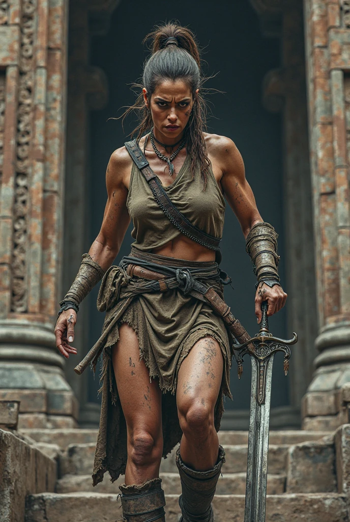 (full shot, full body), (legs, feet) Transitioning to a green, empty, open landscape at sunset, a lone figure, a beautiful woman emerges, 38yo, heavily crafted athletic muscle-built, with long eyelashes, medium breasts, wearing nomadic, post-apocalyptic clothing. Layers of tattered fabric yet reveling, unconventional accessories, tattoos and a weathered look create an aura of survival and resilience, natural brown hair, detailed hand depiction, highly detailed, stunning appearance, high-quality photo, 8k wallpaper ultra high res, professional photography, (photorealistic)