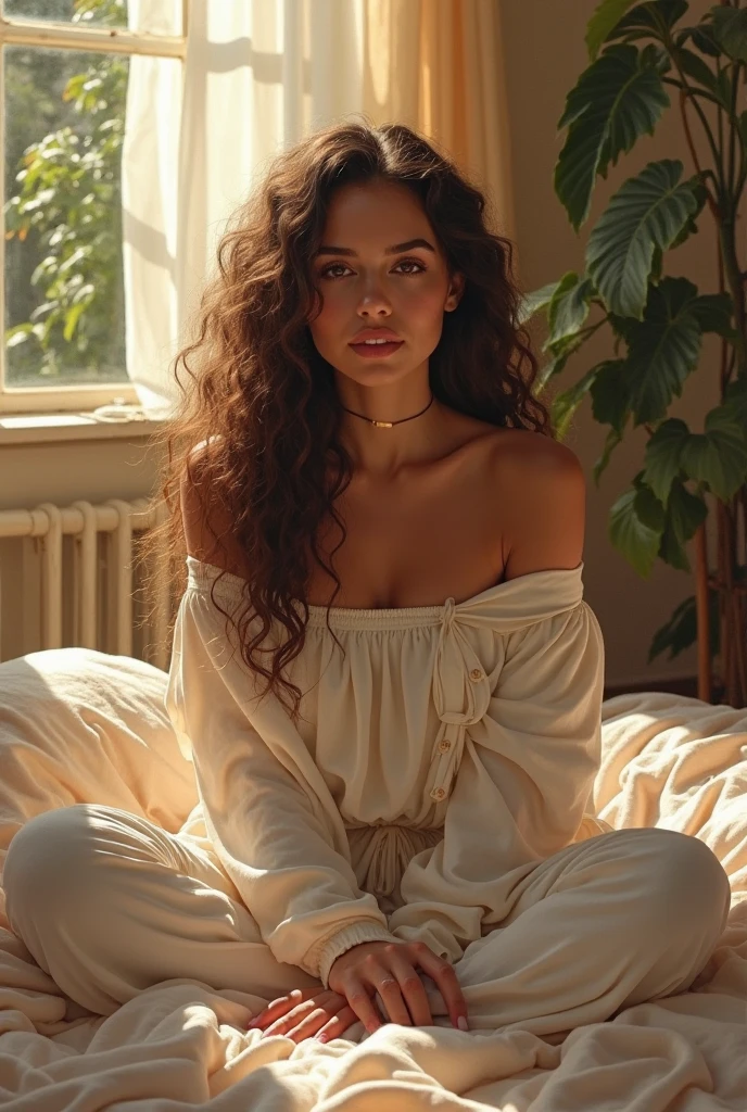 (photorealism:1.2), beautiful woman, sitting on bed, wearing loose off-shoulder top, pajama pants, long curly hair, indoors, soft lighting, plants in background, window with sunlight, cozy room, relaxed pose, realistic, intricate details, warm colors, by Greg Rutkowski, by Alphonse Mucha