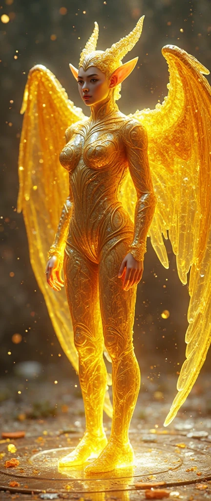 In the darkness, a woman's figure is illuminated by a circular light that frames her head, young cyborgetic angelic female, complete body, Caucasian skin, short, body, bio cyborg body, show cleavage, bio cyborg arm's, curved lips, long fire hair, bio cyborg legs, battle Valhalla background, ultra detailed lighting, larg anglic wings, ultrarealistic, 8k, neon gold eyes,