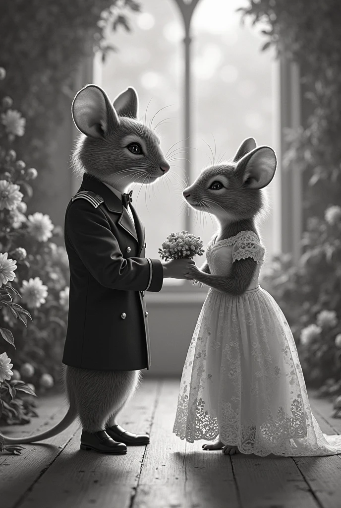 Award winning photography, close-up short, professional photo, cinematic lighting, masterpiece in maximum 16K resolution, ultra detailed, superb quality, side view of an (anthropomorphic mouse:1.2) love couple standing on the (edge of the decorative peak:1.2), (Gothic clothes:1.2) with yellow patterns, (amidst the classic wedding ceremony), (columns surrounded with flowers, floating petals), twilight romantic see behind, warm hues.
