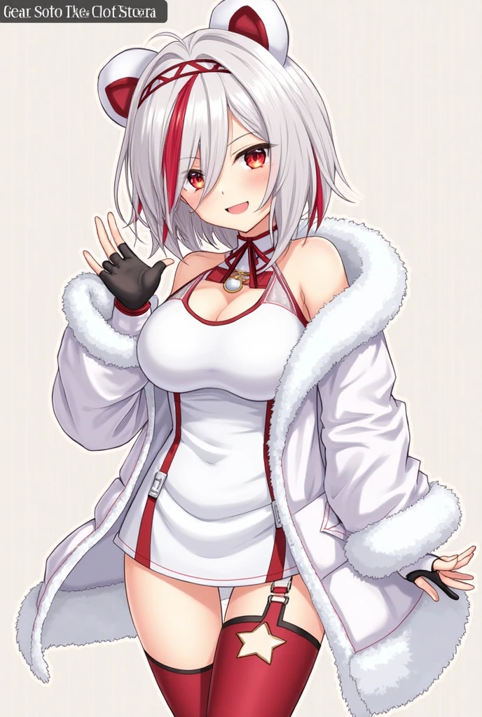 a cartoon animal wearing white gloves and red bra and shorts, and holding a white hat, 1girl, animal ears, breasts, tail, solo, navel, skindentation, white hair, jacket, red hair, thighhighs, multicolored hair, smile, fox ears, fox tail, cleavage, shorts, white background, white jacket, looking at viewer, virtual youtuber, red nails, hair ornament, open jacket, bangs, open clothes, fox girl, animal ear fluff, simple background, red eyes