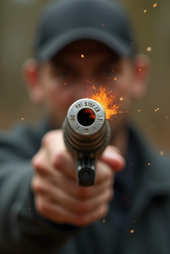 A pause in time of a fully HD projectile and the shooter in the background very blurred photography style, marks on the projectile of the striated barrel, The shooter reacts to the indentation, capsule being ejected and fire dissipating at the tip of the barrel