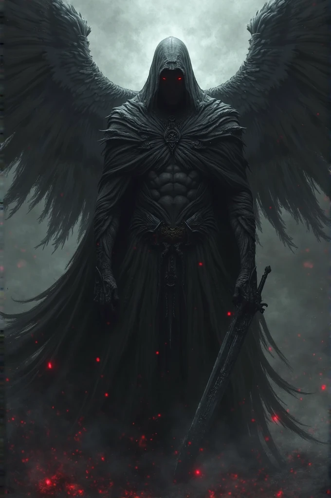A painting of dark fallen angel Lucifer surrounded by dark wings, black and white Möbius strip, spinning and tumbling white wings and dark angels, deathcore style, layered image with subtle irony, Himalayan art