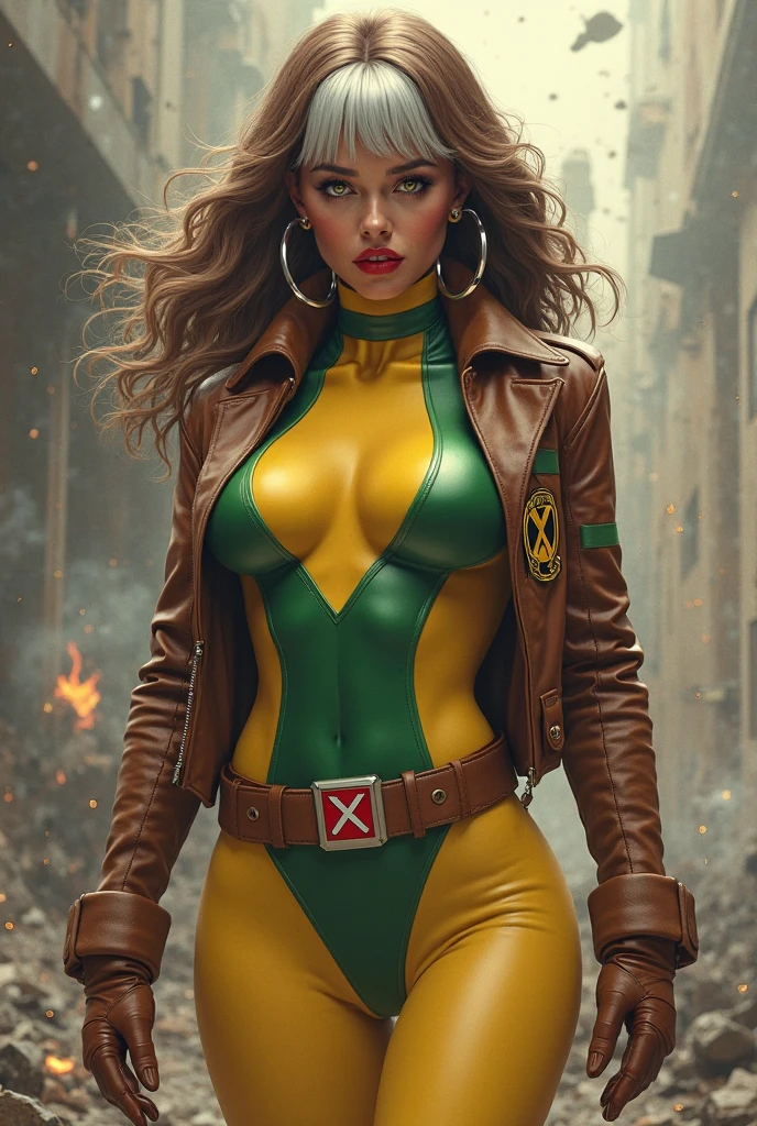 Brie Larson、masterpiece, High-quality 4K, Villain (X-Men), Gothic Girl, Sculpted body gothic makeup, Brown jacket, Yellow and green bodysuit, masterpiece, highest quality, Cowboy Shot, One girl, alone, Technology Military Bodysuit, fringe.