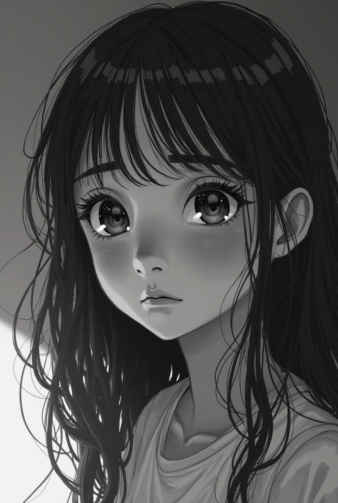 A scared teenage girl in black and white from close up
