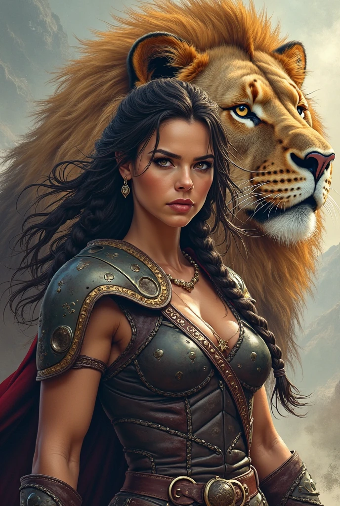 (RAW photo), (Realistic), (photo-realistic), ultra high resolution, masterpiece, highest quality, portrait, facial portrait, perfect lighting, detailed lighting, dramatic shadow, ray tracing, 1 beautiful slave girl, 15 years old, ((Idol face)), perfect ???????, dark skin, Voluptuous, cleavage, symmetrical eyes, beautiful detailed brown eyes, chubby lips, big thick thighs, abs, muscle, shortcut hair, black hair, half open mouth, ((wearing a erotic Gladiator costume with sword)), ((in Rome Arena)), (((fight with Lion))),