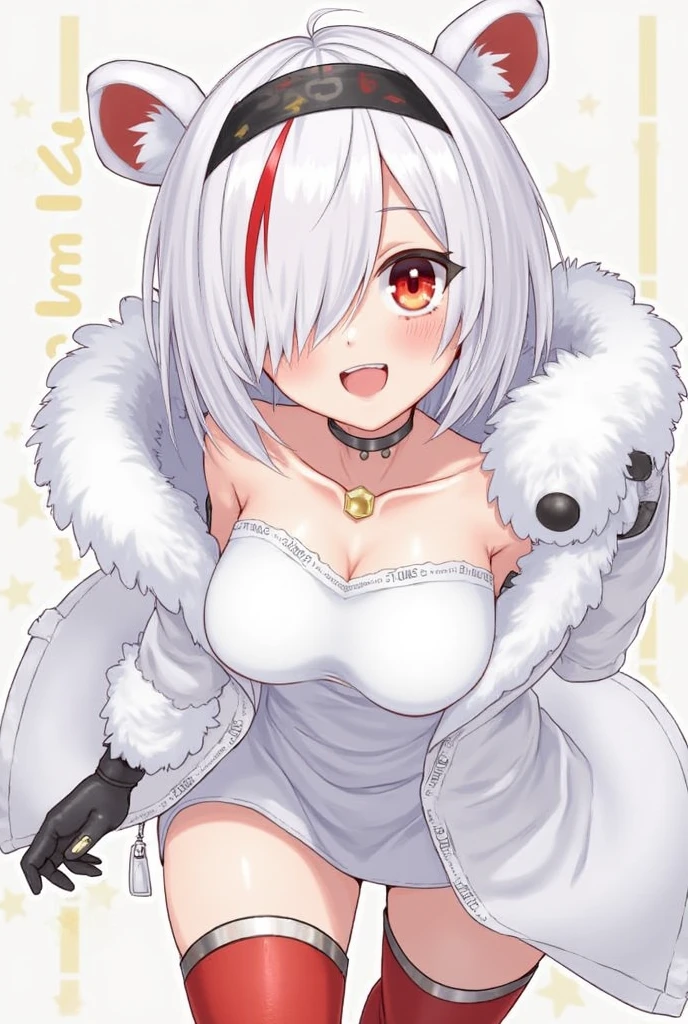 score_9, score_8_up, score_7_up, score_6_up, score_5_up, score_4_up, source_anime, detailed background, BREAK
HanekawaTsubasa, 1girl, solo, female, clothing, text, hair, breasts, clothed, blush, open mouth, looking at viewer, topwear, smile, <3, navel,, white hair, cat ears, 
<lora:HanekawaTsubasa_PD6XL:1>