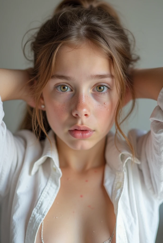 A scared red headed 18 yo woman in bed. Close up. Freckles