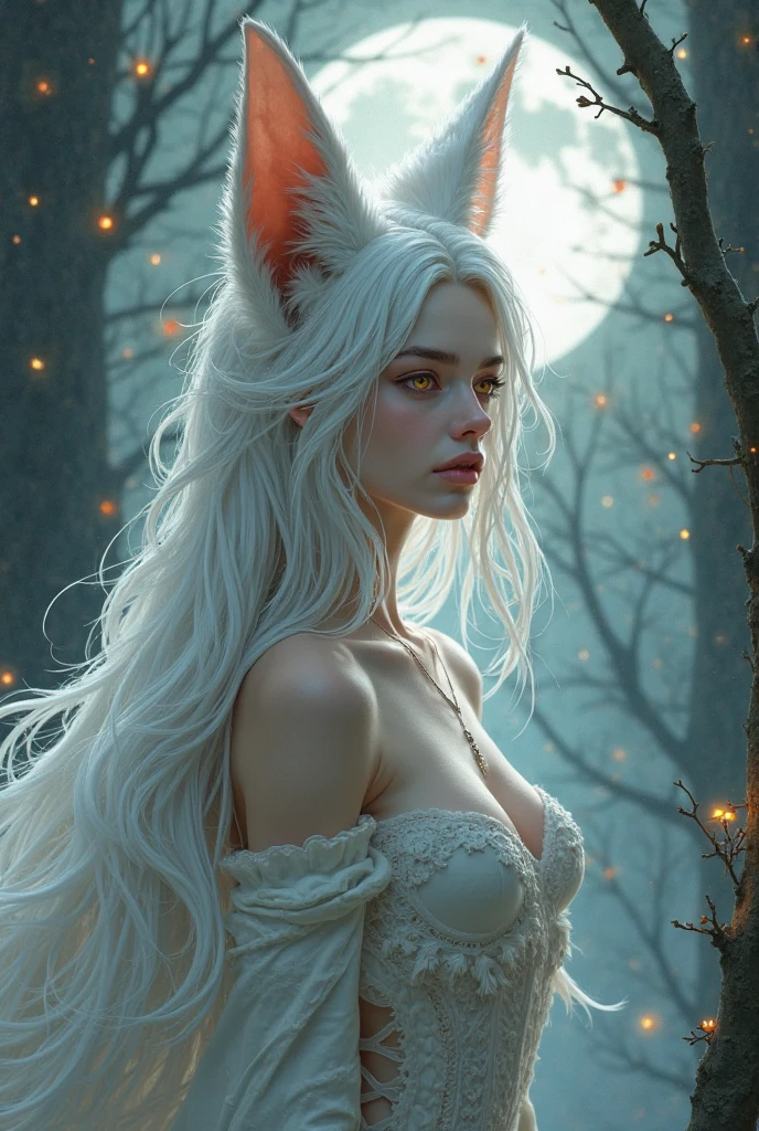 realistic photo of ((white wolf woman)), (detailed face), night,full moon, moonlight, long hair, Fantasy, nsfw --auto --s2